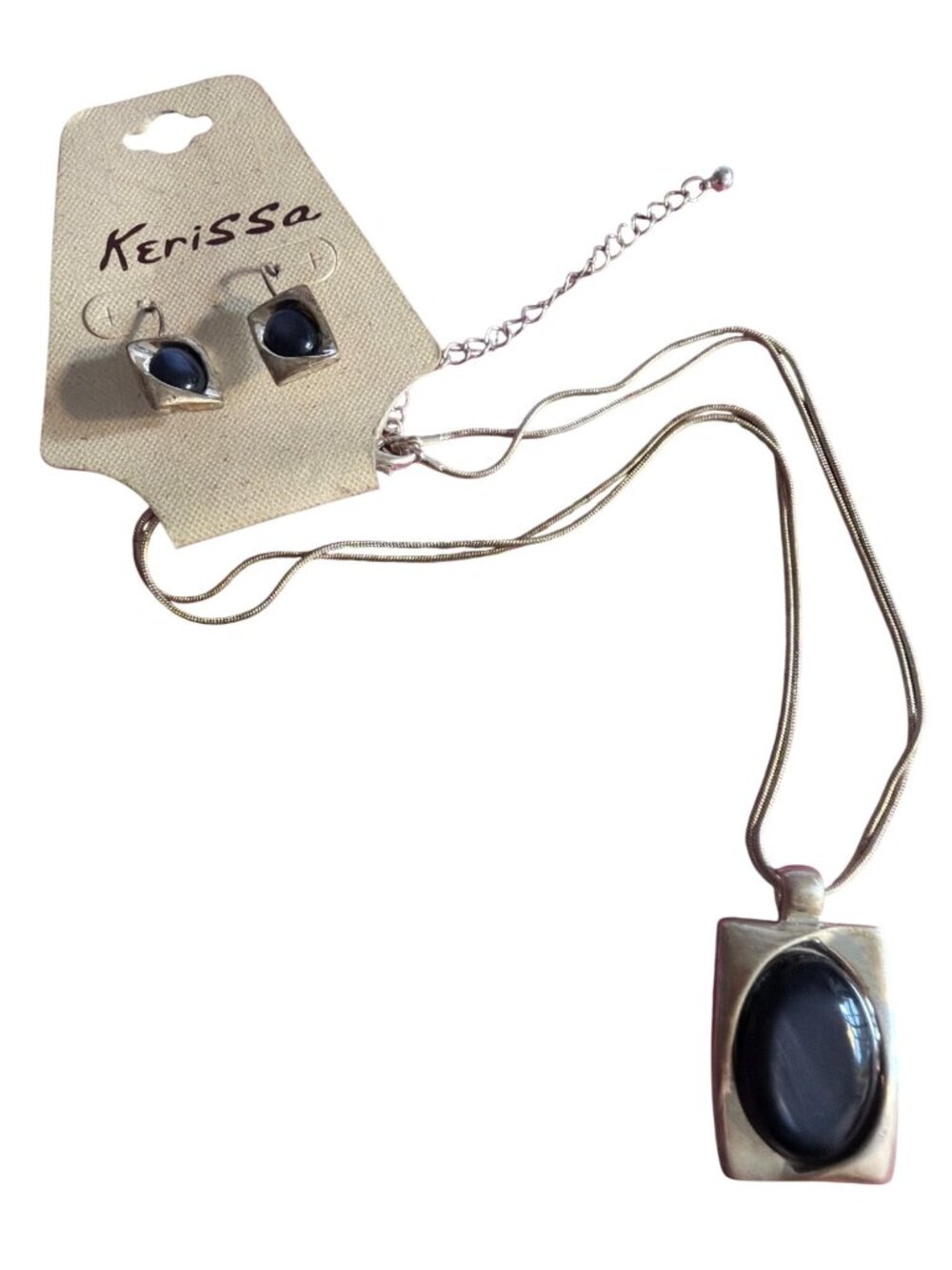 Kerissa Creations Silver Tone Necklace Earrings Set Snake Chain Gray Stone NEW